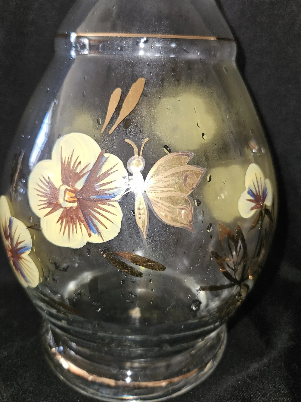 Vintag Romainia Hand-Painted Floral Glass Decanter With 5 Stem Glasses.